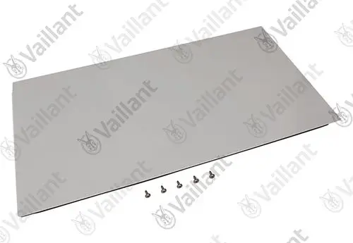 Vaillant Frontblech in grauer Farbe, flach und rechteckig, mit sechs Schrauben zur Befestigung auf einem neutralen Untergrund.